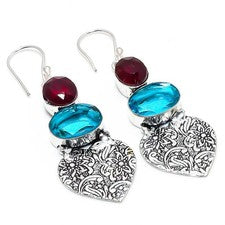 Topacio azul suizo, granate piedras preciosas 925 pendientes de joyería de pl...