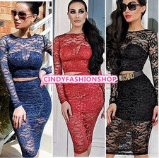 Nuevo Sexy 2 Piezas Mujeres Encaje Transparente Bodycon Top Corto Falda Club Fiesta Cóctel Vestido