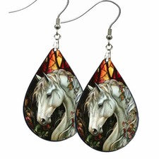 Pendientes colgantes fantasía caballo blanco lágrima SIN DESLUSTRE madera regalo ecuestre