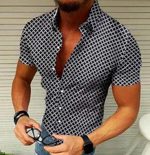 Camisas Con Botines Hombre Moda Azul Manga Corta Camisetas Enrejado Vestido L XL