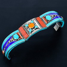 Brazalete nepalí de plata de ley 925 con declaración de lapislázuli turquesa coral amarillo F1
