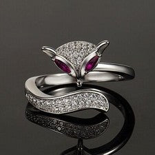 Elegante anillo ajustable en forma de zorro de cristal de plata de ley 925 para mujer joyas