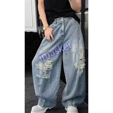 Moda Para Hombres Pantalones de mezclilla holgados Pantalones de mezclilla desgastados Sueltos Pantalones informales de 