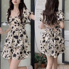 Stilvoll Kleid Frauen Aprikose Blumen Bogen Design Drucken Mikroelastizität