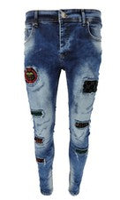 Pantalón de mezclilla de diseñador desgastado con retazos elásticos calce cónico ajustado para hombre Reino Unido