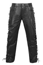 Pantalones de mezclilla de cuero de cordero negros para moto para hombre estilo cordones laterales club nocturno