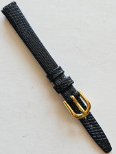 8 mm - Correa de reloj de cuero liso con patrón de lagarto negro - (hebilla dorada)