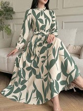 Elegante Vestido Manga Larga Estampado Floral Verde para Mujer