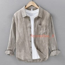 Nueva Camisa Ramie Para Hombre Manga Larga Informal Suelta Retro Camisa de Lino Arrugado