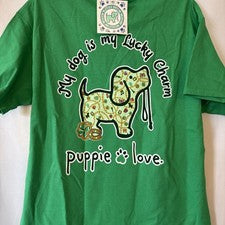 Camiseta gráfica Puppie Love Rescue verde con encanto de la suerte cachorro estilo simple M sureña