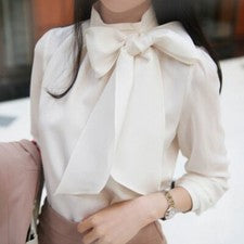 Moda Para Mujer Coreana Suelta Cuello Alto Chifón Camisa Lazo Parte Inferior Camisa Prenda para el torso