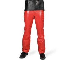 Pantalones de mezclilla para hombre CUERO DE VACA GENUINO estilo 5 bolsillos moto rojos cordones cortos