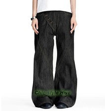 Pantalones de mezclilla negros para hombre retro moda botones informales moto hippie