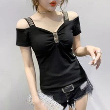 Moda Mujeres Remaches Sexy Camisetas Prendas para el torso Blusa Hombro Descubierto Fiesta Camisas Informales