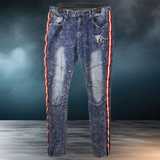 Pantalones de mezclilla Rue 21 Premium para hombre ajustados Supreme Flex azul 34x34 Distress Y2K años 90