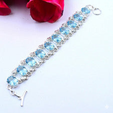 Brazalete Joyería Plata de Ley 925 Hecho a Mano Piedras Preciosas Aguamarina Azul Talla 7-8"