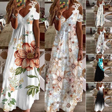 Vestido para mujer Verano Moda Nuevo Encaje Correa Cuello en V Moda Estampado Vestido Suelto