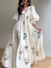 Moda Retro Para Mujer Vestido Suelto Estampado Color Puro Cuello en V Manga Burbuja Línea A