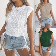 Camiseta para mujer color liso tejida cuello redondo manga corta holgada