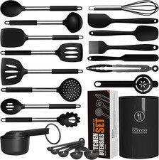 Juego de utensilios de cocina de silicona grande - cocina resistente al calor grande, negro