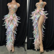 Mujer Moda Brillante Brillante Estampado Pluma Vestido Largo Cruz Baile Discoteca