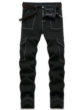 Pantalones de mezclilla negros versátiles de varios bolsillos de moda para hombre SHEIN