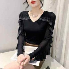 Blusa Prendas para el torso Para Mujer Delgada Estrás Cuello en V Informal Coreana Fiesta Cóctel