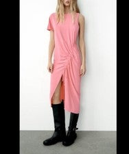 Vestido Zara Midi Pequeño Mujer Drapeado Asimétrico Barbie Rosa Cordón Abertura Lateral