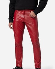 Pantalón de cuero genuino de piel de cordero para hombre rojo estilo informal pantalón ajustado vestido