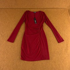 Moda Nova Mujer Pequeño Borgoña Manga Larga Elastizado Piper Envolvente Mini Vestido Nuevo con Etiquetas