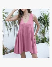 Para mujer - Mini vestido sin mangas con cuello en V acanalado ~ Talla XXL ~ Rosa