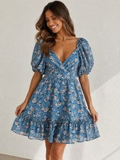 B. Vestido elegante azul floral manga abullonada para mujer talla 9 nuevo con etiquetas estilo romántico