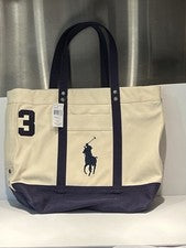 BOLSO DE MANO RALPH LAUREN POLO Vintage LOGO #3 MARFIL NATURAL/AZUL LONA CREMALLERA NUEVO CON ETIQUETAS NUEVO EN STOCK