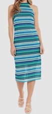 Vestido para mujer London Times azul a rayas ganchillo cuello falso talla 6