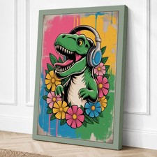 Dinosaurio con Auriculares Arte Pop Impresión en Lienzo Arte de Pared Decoración del Hogar Listo para Colgar
