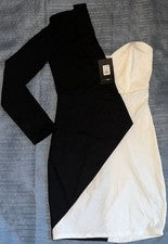Vestido midi blanco y negro Fashion Nova para mujer, bloqueado en 1 hombro talla mediana