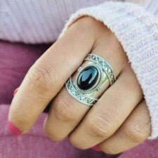 Anillo de San Valentín Joyería Boho Plata Esterlina 925 Piedras Preciosas de Ónix Negro Regalo C-491