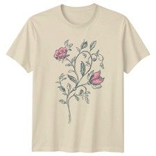 Elegante Boceto Botánico Arte Rosa Mujer Camiseta Dibujada a Mano Floral Moda