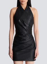 Sexy vestido de cuero de cóctel blanco y negro de piel de cordero para mujer ropa de fiesta