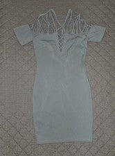 Moda Nova Para Mujer Verde Salvia Enrejado Profundo-V Bodycon Mini Vestido Talla M