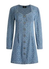 Nuevo con etiquetas Vestido Jean Denim Azul Sidra Estampado Encaje Para Mujer Mediano Botón Frontal