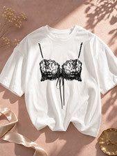 Camiseta gráfica sujetador de encaje - Camiseta informal de moda negra con estampado de lencería para mujer