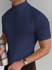 Camiseta manga corta cuello alto hombre moda tejido liso suave color azul marino