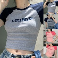 Slim Fit Crop Top Y2K Mujer Moda Camiseta Manga Corta Camiseta Estudiante Verano