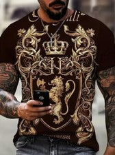 Camiseta Barroca Negro Moda Dorada Hoja Dorada Corona León Fiesta Camiseta Suave