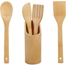 Juego 5 Utensilios Cocina, Set Cuchara Madera y Espátulas, Incluye Bote Almacen