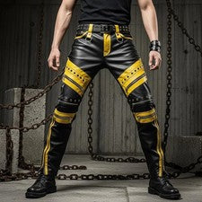 Pantalón de motociclista de cuero negro y amarillo real para hombre - Calce ajustado y pantalón punk gótico