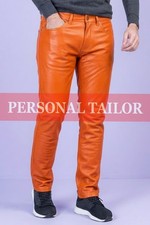 Pantalones de mezclilla de cuero real naranja genuino para hombre estilo 5 bolsillos pantalones de moto