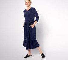 Vestido para mujer Denim & Co. Petite PL Heritage terciopelo tejido midi azul A624164
