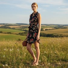 Vestido Camisa Para Mujer Negro Floral Sin Mangas Elástico Con Botones Cintura Corbata XS NUEVO